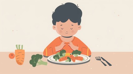 child with plate of vegetables illustration.
