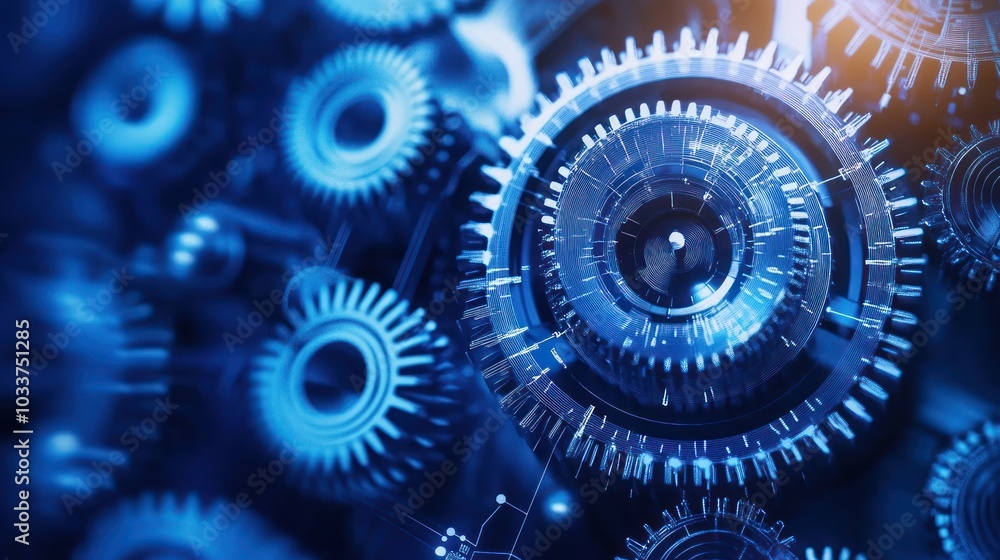 Poster abstract blue gears interlocking in a mechanism