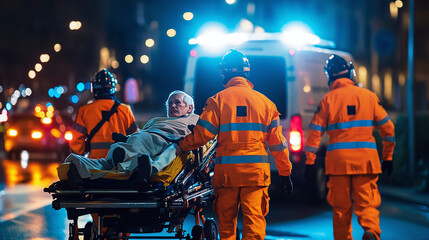 Fototapeta premium Rescue team in orange uniforms carries an elderly patient on a stretcher to an ambulance at night, with flashing lights.