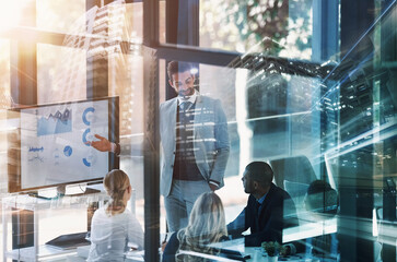 Staff, city or group in a meeting, overlay or planning with ideas, conversation or graphs for growth. Male person, employee or team with leadership, urban or brainstorming with charts or presentation