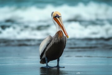 A pelican stands by the water with ocean waves crashing behind, capturing a moment of natural elegance and poise.
