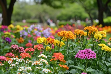 Obraz premium A vibrant garden in springtime showcasing a colorful array of blooming flowers under the sun