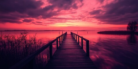 Obraz premium A dramatic wooden pier stretches into a lake under a vibrant pink sunset, surrounded by serene water and reeds.
