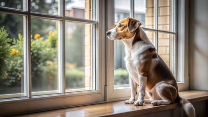A dog waiting for its owner sits on a windowsill near a window