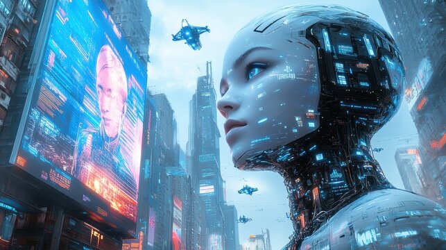 Giant humanoid android overseeing futuristic city with drones flying overhead