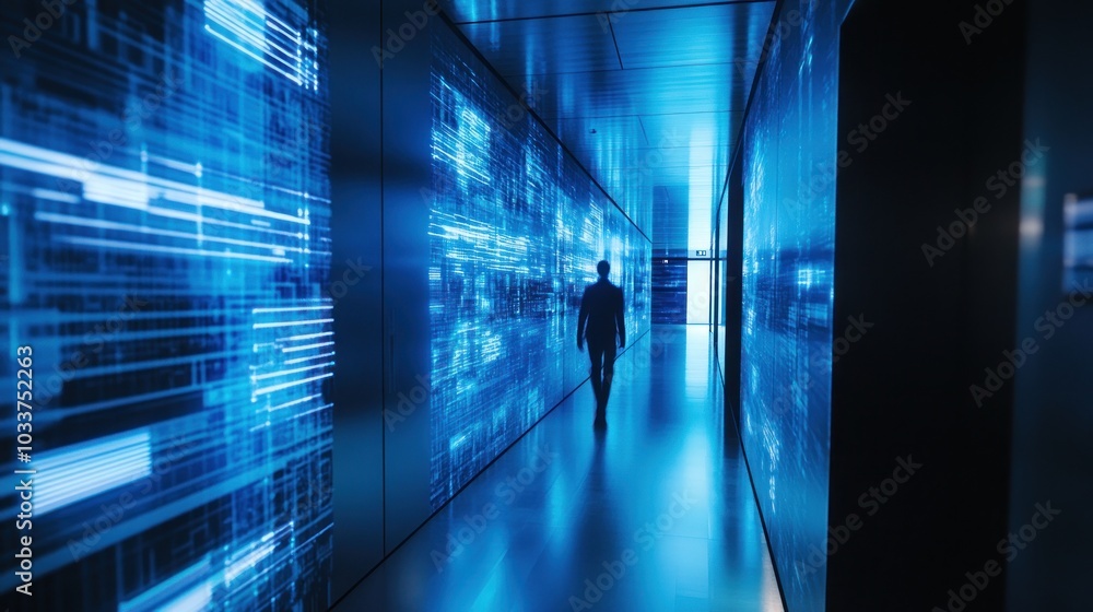 Poster man walking through data center