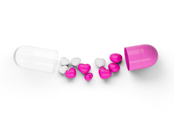 An Open Pink And White Glossy Capsule With Minimal Heart Shaped Pills Spilling Out 3D Illustration
