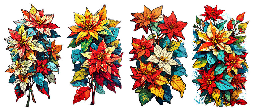 Illustration collection of vibrant Christmas poinsettia flowers, showcasing their rich colourful blue, red , yellow and green colors in a festive design.