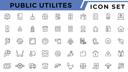 Public utilities web icons line set. Public Utilities Water, Fuel, Electricity, gas, garage, Solar House, Rent receipt, Maintainence, and More vector illustration