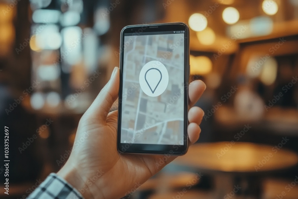 Poster a hand holds a smartphone showing a location pin on a map, highlighting navigation while surrounded 