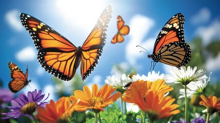 Fototapeta premium Monarch Butterflies on Colorful Wildflowers in a Sunny Meadow