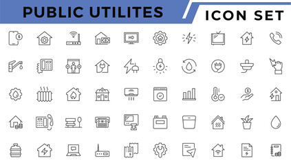 Public utilities web icons line set. Public Utilities Water, Fuel, Electricity, gas, garage, Solar House, Rent receipt, Maintainence, and More vector illustration