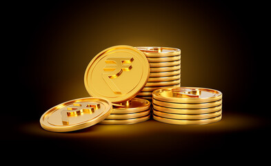 Stack Of Golden Shiny Indian Rupee Rounded Coins On Shiny Golden Glow Background 3d Illustration
