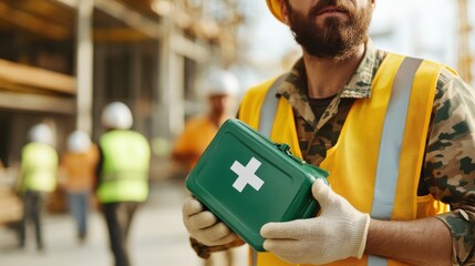 A bearded worker in a hard hat and safety vest holds a green first aid kit, standing near a construction area, while other workers are visible at the site.