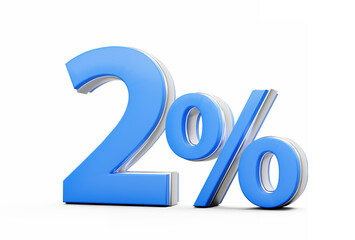 Vibrant Blue 2% Two Percent Sign With Sleek Metallic Gleam On White Background 3D Illustration