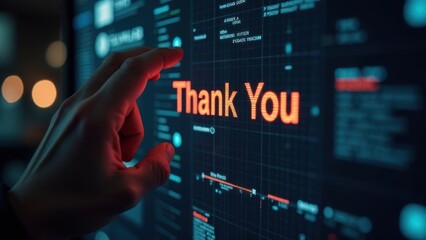 A hand reaching for a digital screen displaying a heartfelt message of appreciation during a technology event at night