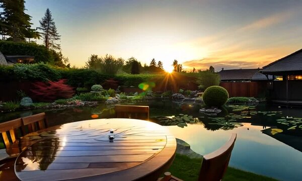 The back yard has table chairs with a view of the koi fish pond.