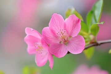 Obraz premium Delicate pink flowers bloom in a serene garden, capturing spring's vibrant essence