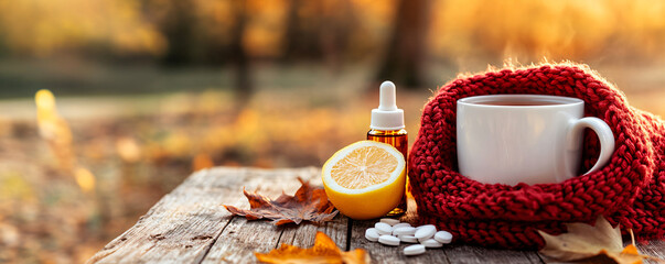 Mug of hot tea with lemon wrapped in red scarf on wooden table against blurred autumn background. Cozy banner with copyspace, sunlight, pills and drops, cold treatment advertisement