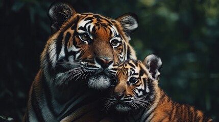 A baby tiger nursing from its mother in the wilderness, representing the strong bond and love between a mother and her cub