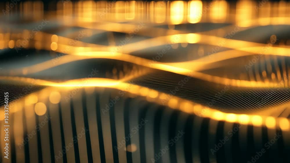 Poster golden light waves ripple across a dark striped surface, creating a mesmerizing abstract pattern