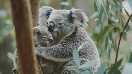 Fototapeta premium A heartwarming moment of a baby koala nursing from its mother in a eucalyptus tree, symbolizing the deep bond and maternal love