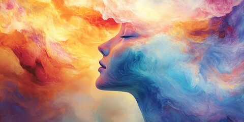 Colorful abstraction representing thoughts and emotions in a woman's profile.