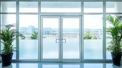 Double aluminum doors with frosted glass panels, installed in a commercial building, featuring a sleek frame and bright natural light