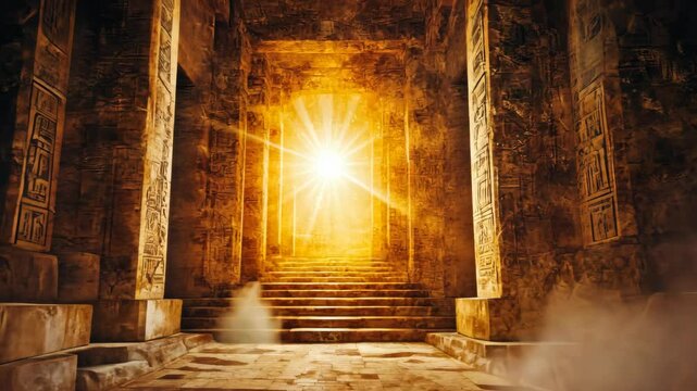 Sunlight streams through a doorway in an ancient Egyptian temple, illuminating the stone stairs leading to the unknown