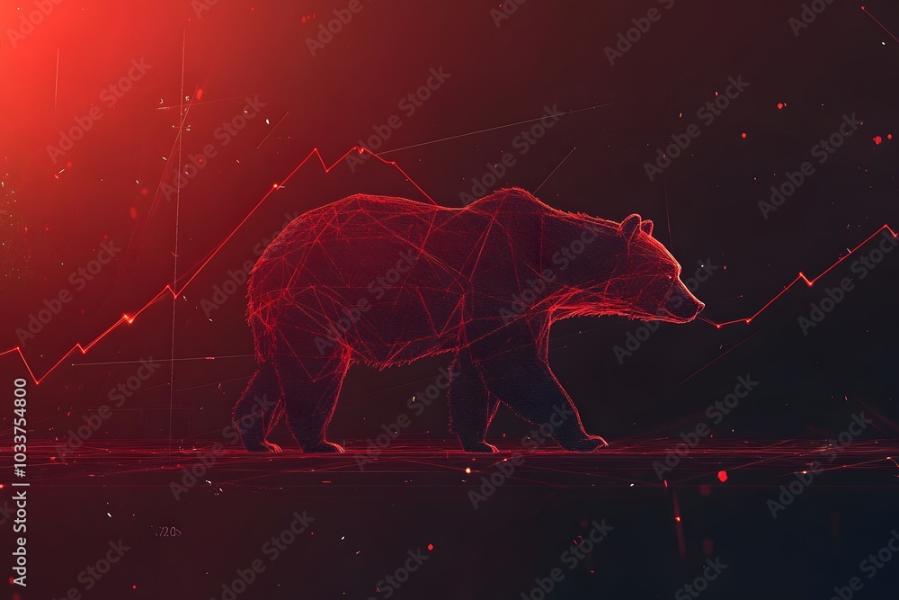 Poster a wireframe bear walking on a red line chart