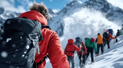 Adventurers trek up a snowy mountain, embracing the thrill and danger of a cascading avalanche. The scene captures the spirit of exploration and unity in nature's majesty.