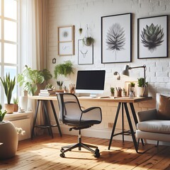 a computer desk with a plant and a laptop on it