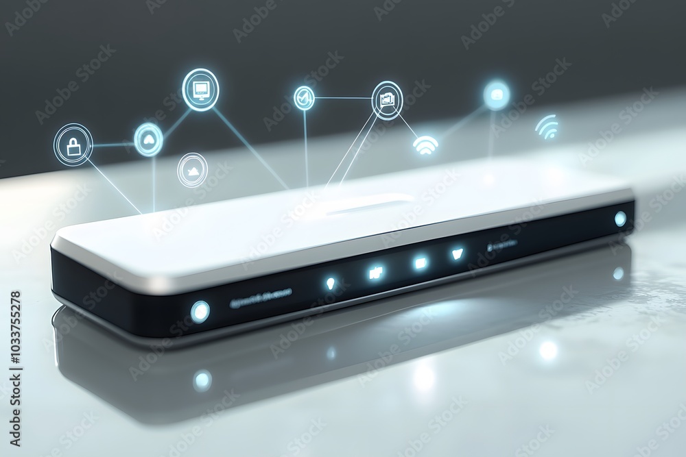 Poster A modern internet router with glowing icons representing connected devices and services.