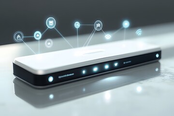 A modern internet router with glowing icons representing connected devices and services.