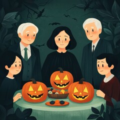 Family gathering around a table with Halloween treats, jack-o'-lanterns glowing, flat design illustration
