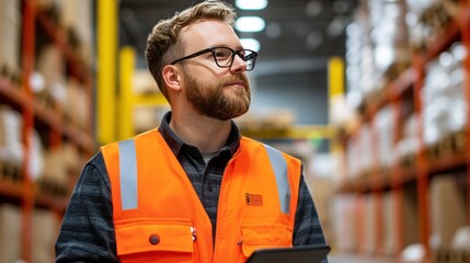 A focused warehouse professional in safety gear analyzing inventory trends for enhanced efficiency and productivity in supply chain management