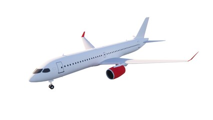 a white airplane with red and white markings is flying in the sky