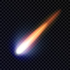 Light effect with a burning flying comet, highlight, meteor, shooting star. A realistic cosmic design element. An isolated neon ray on a dark background. Perfect for space designs. Vector illustration © Iuliia Savko