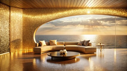Fototapeta premium Luxury Abstract Gold Background with Glitter, Modern Patio Design, Ocean View, Elegant Minimalist Decor, Cozy Outdoor Living Spaces, Contemporary Home Aesthetics