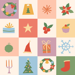Retro Christmas block seamless pattern. Hand drawn minimalist wreath, gifts, tree, snowflake in square icons. Modern abstract flat xmas geometric repeated background, pastel colors. Happy New Year
