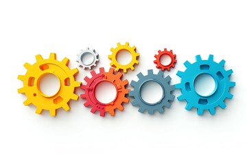 Minimalist icon of interconnected gears, each gear a different color, working together smoothly to represent collaborative effort