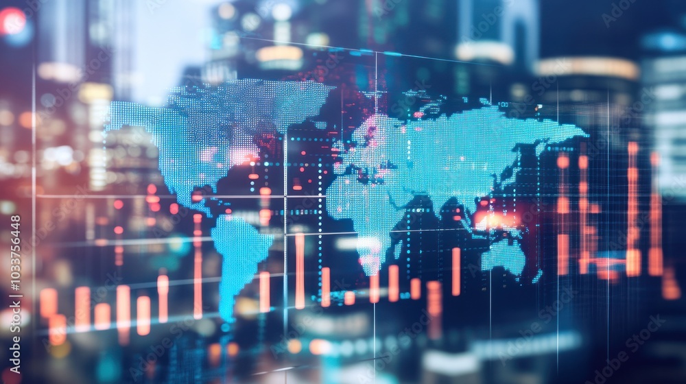 Poster A World Map Projected on a Screen with Financial Charts
