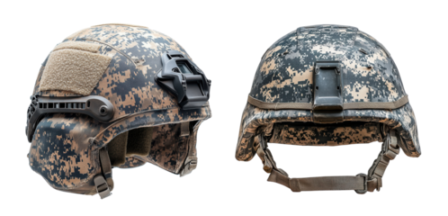 Set of Tactical Helmets in Camouflage Pattern isolated on transparent background.  