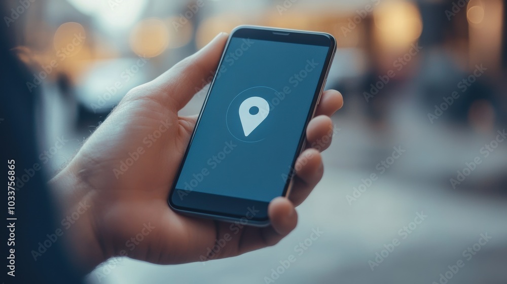 Poster a person uses a mobile phone to find directions with a visible location pin on the screen while expl
