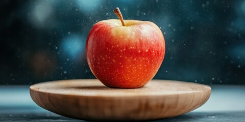 Fresh red apple on wooden plate with blurred background.