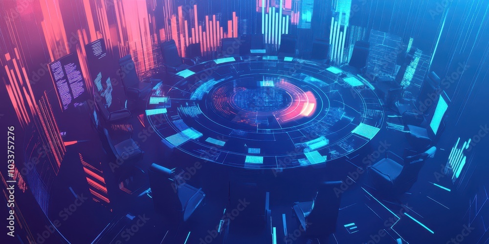 Poster futuristic digital interface with vibrant colors and data visualizations