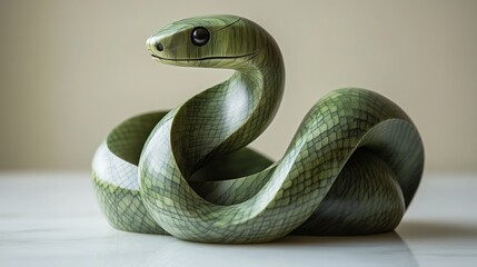 A minimalist green wooden snake sculpture gracefully standing upright on a clean surface