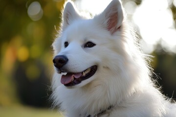 Obraz premium Playful Samoyed puppy basking in sunlight during a serene afternoon in the park