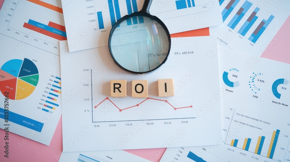 Poster a photo of a collection of papers featuring various charts and graphs to analyze business performanc