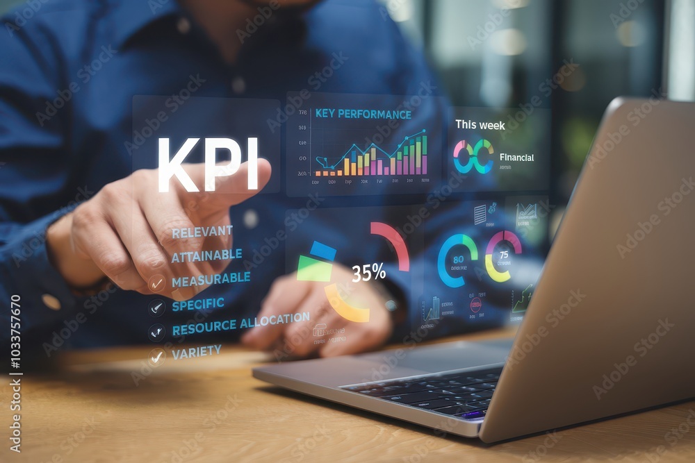 Poster engaging business professional analyzing kpi key performance indicators with advanced technology for